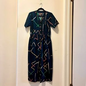 BEL KAZAN V-Neck Button-Front Jumpsuit in Navy w/ Stix Pattern, Size M